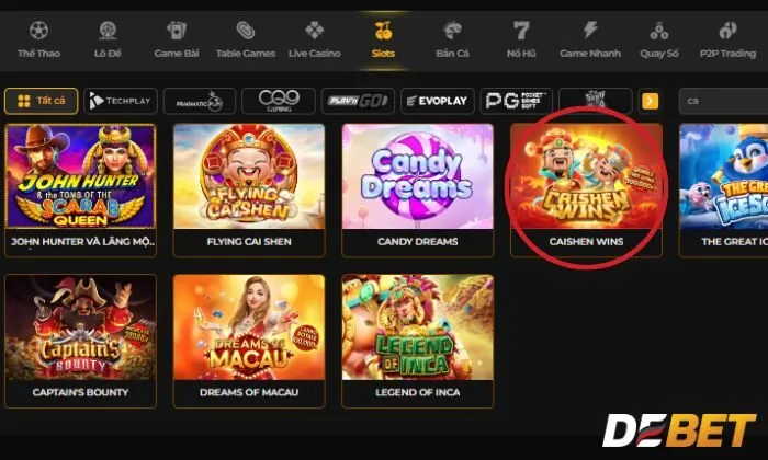 Truy cập vào tựa game Caishen Wins tại mục "Slots"