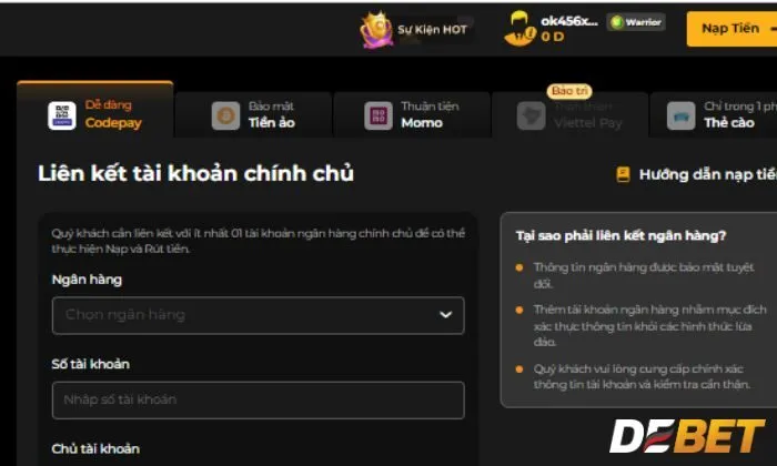 Điều khoản về giao dịch nạp tiền tại cổng game cá cược Debet