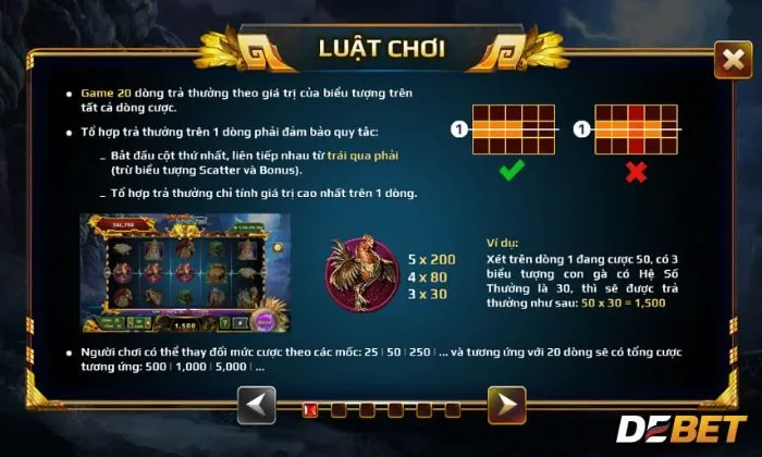 Luật chơi sơn tinh thủy tinh được Debet quy định