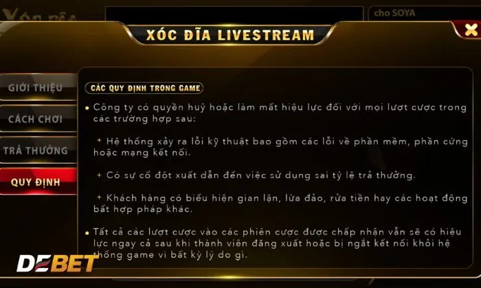 Quy trình cơ bản chơi game xóc đĩa livestream Debet